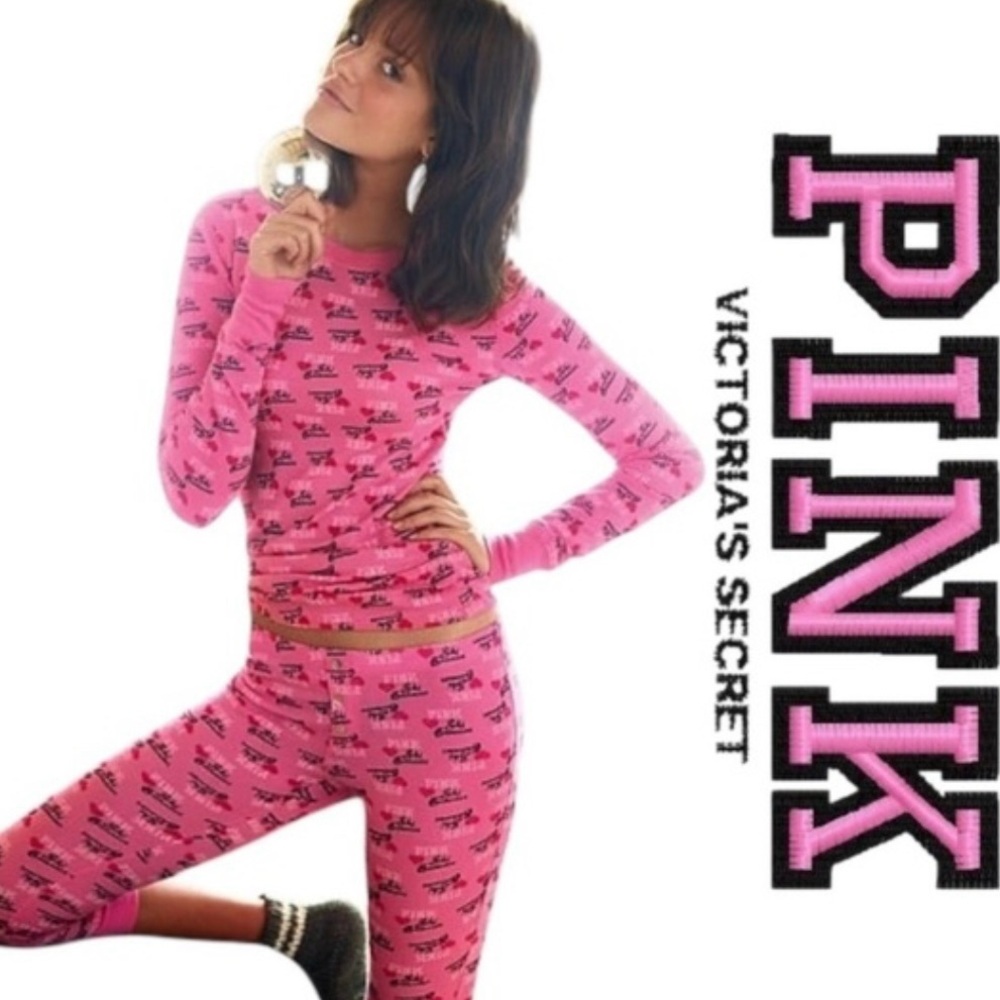 💕💕 Y2K PINK Victoria's Secret Ski Bunnies Hearts thermal long johns Pajama Set